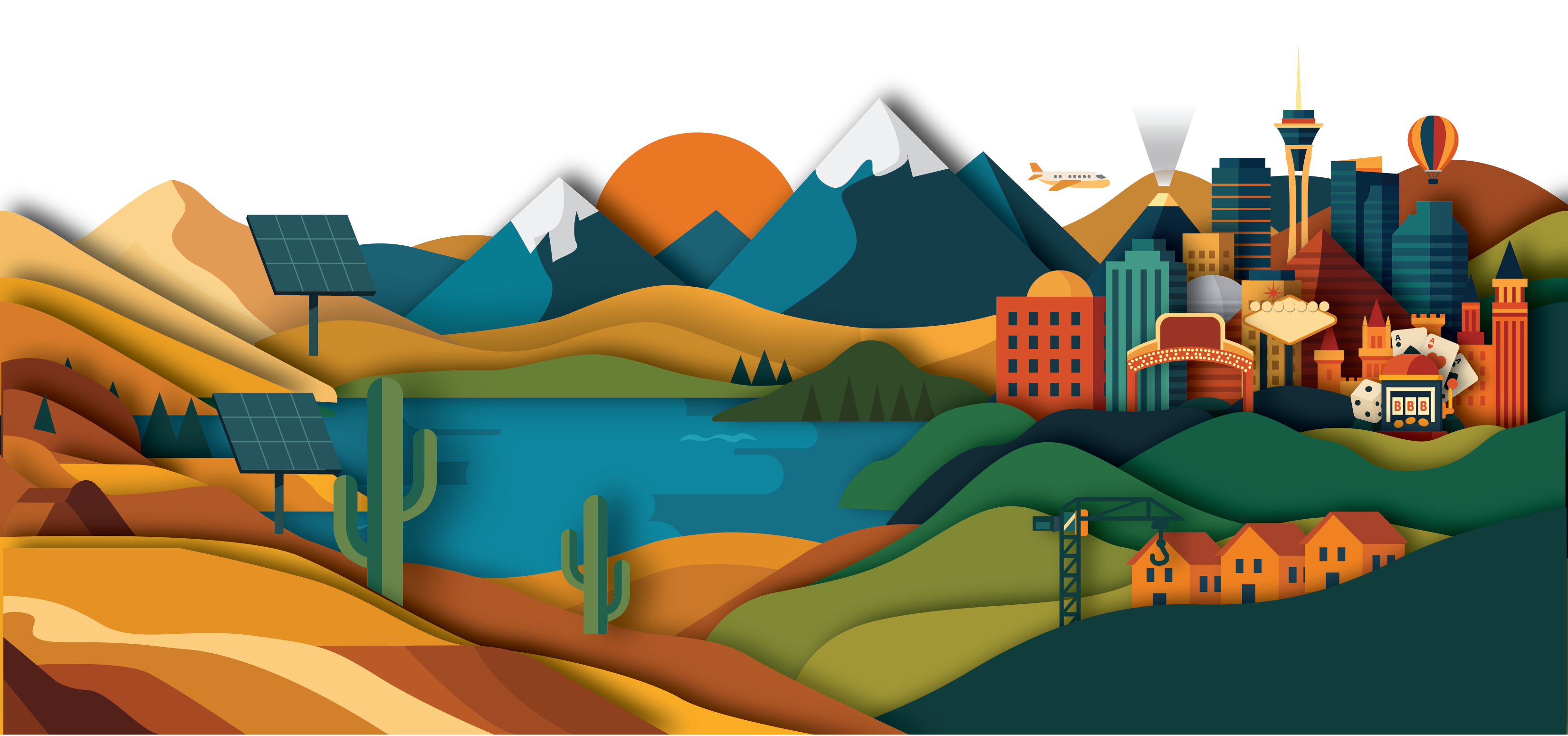Illustration of Nevada: mountains, solar panels, Pyramid Lake, and the Reno skyline